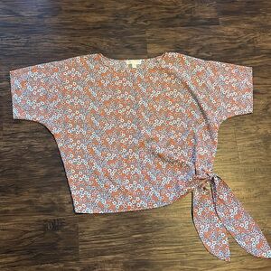 Michael Kors Women’s Orange Ditzy Floral Blouse Tie-Front Size Large